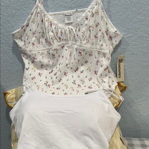 No Boundaries White Floral Smocked Cami Top and White Tank Top with built in Bra